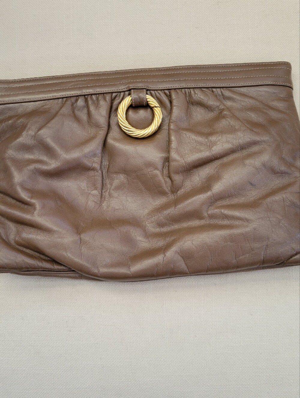 Vintage Morris Moskowitz Brown Leather Clutch with Gold Ring Accent